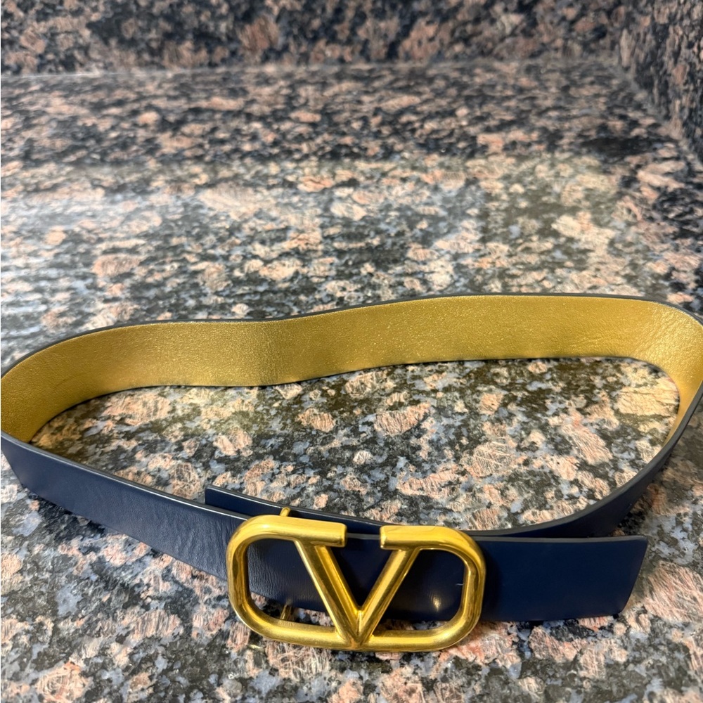 Valentino Gold and Blue Belt with Logo Buckle